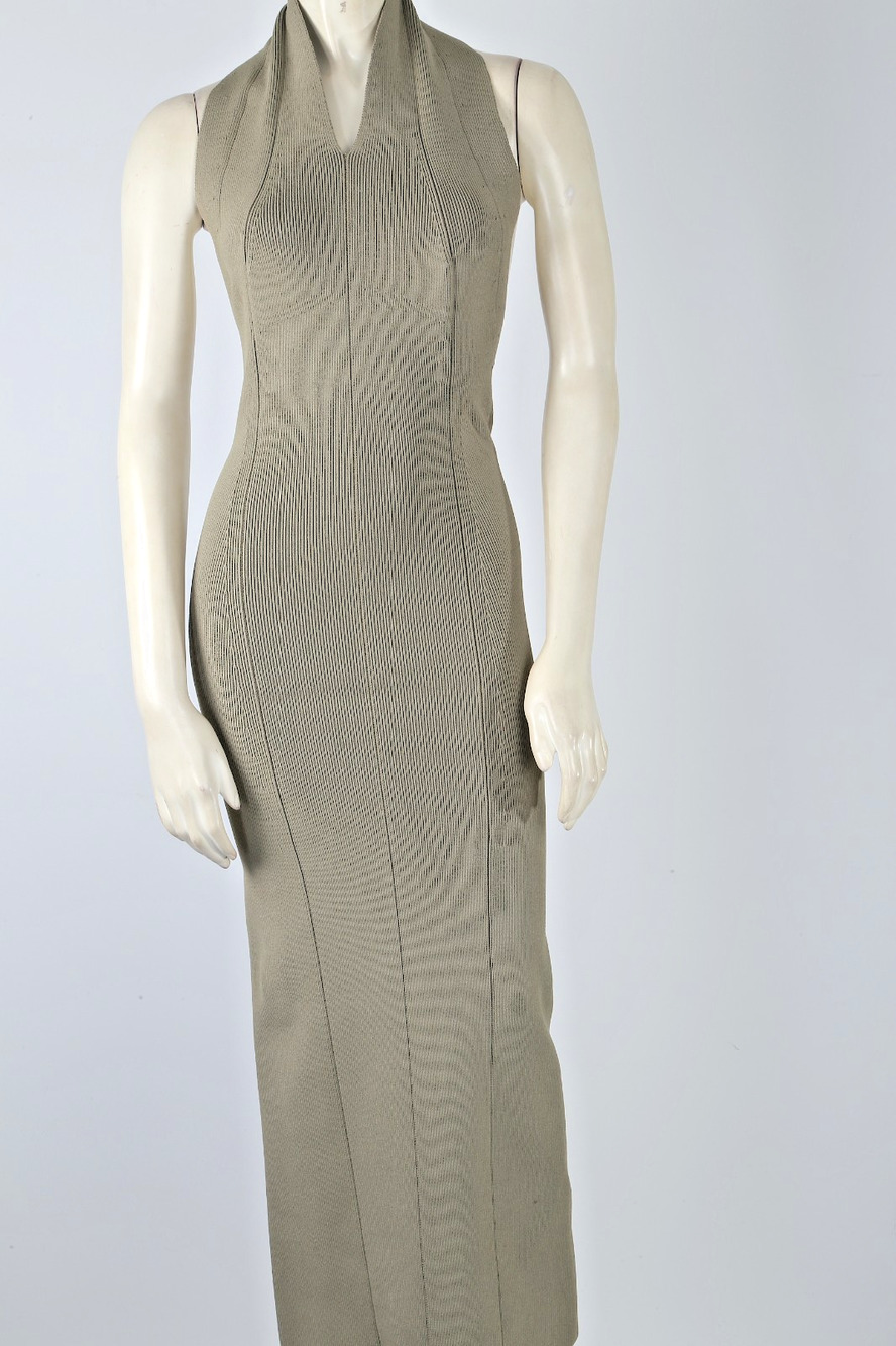 KHAITE New York The Mahi Ribbed Knit Open Back Halter Maxi Dress Sage Green S